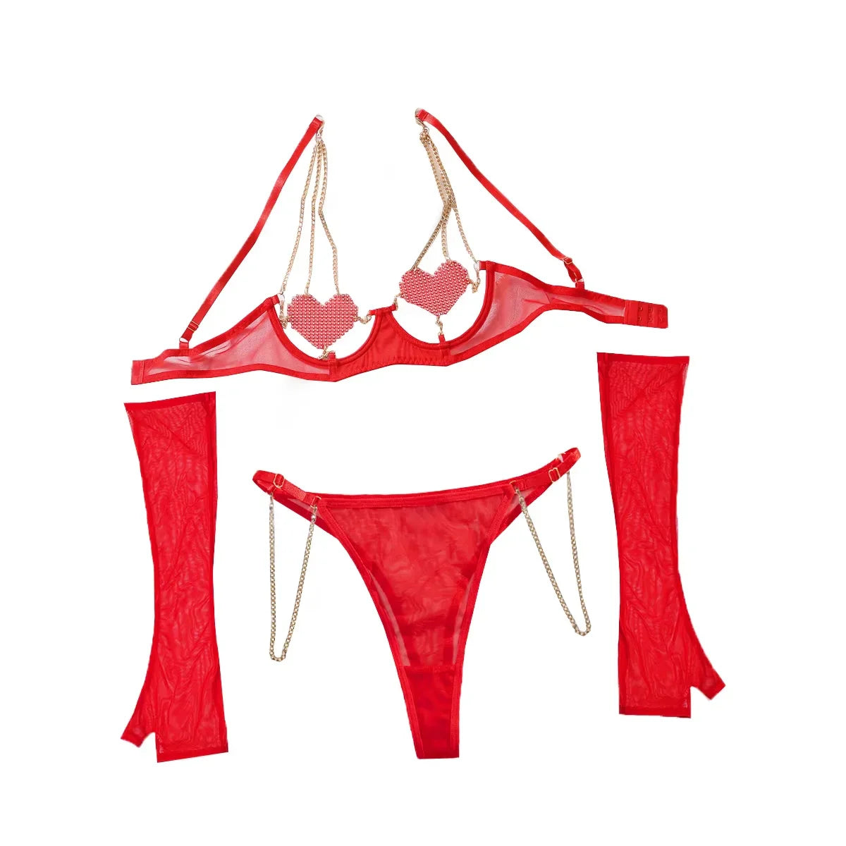 2025 Red See-through Mesh Hollowed Out Heart Patch Metal Chain Bra Set Lingerie Panties three-piece Set