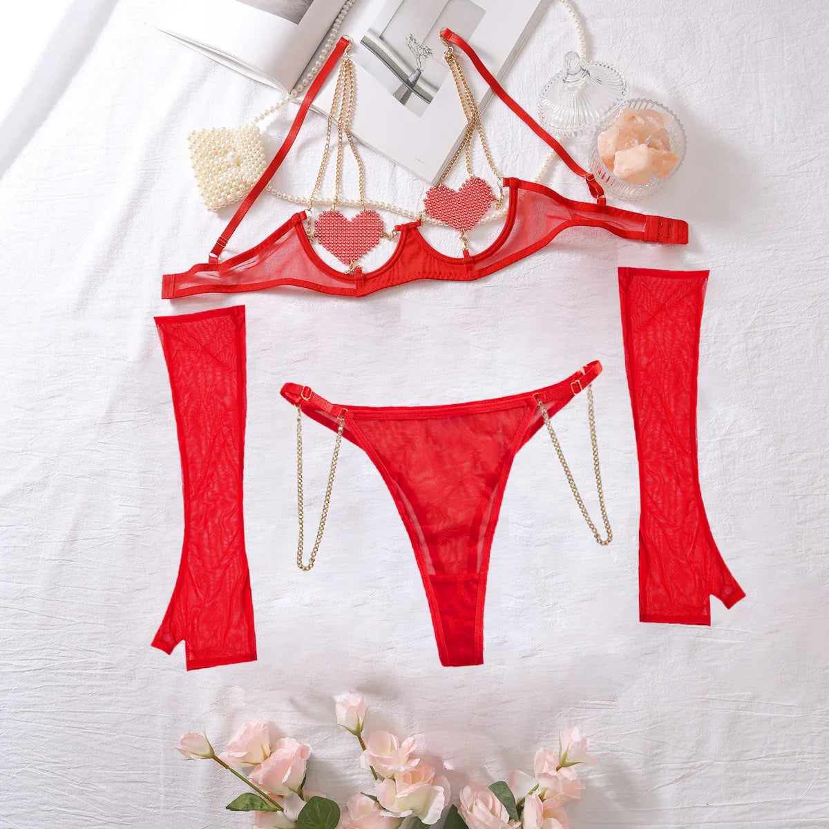 2025 Red See-through Mesh Hollowed Out Heart Patch Metal Chain Bra Set Lingerie Panties three-piece Set