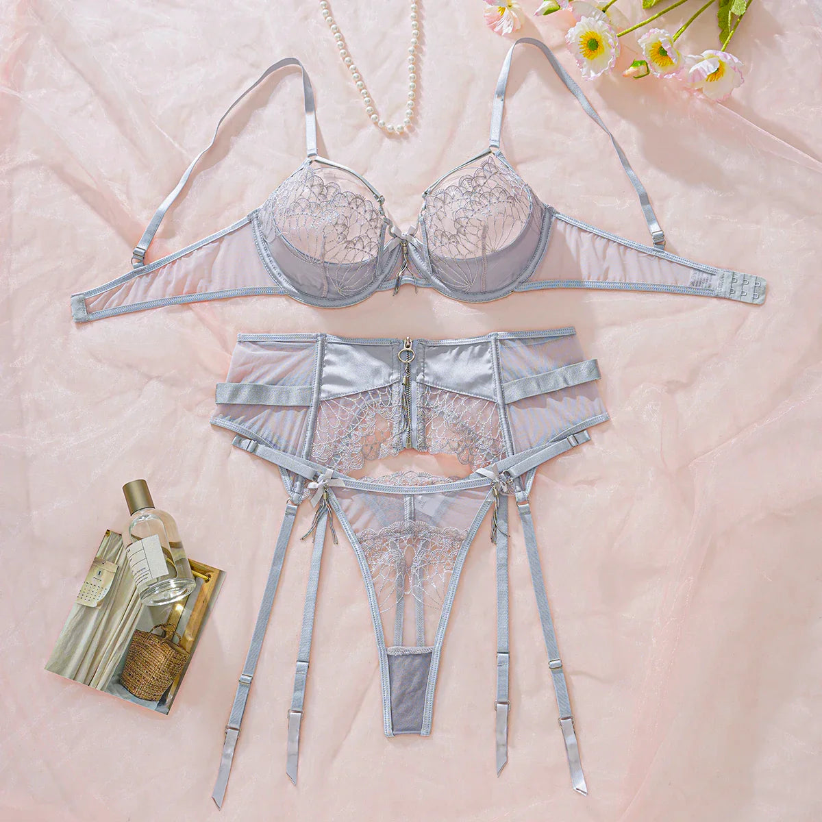 2025 See-Through Embroidered Mesh Patchwork Lingerie Three-Piece Set Zip Waist Shaping Erotic Lingerie
