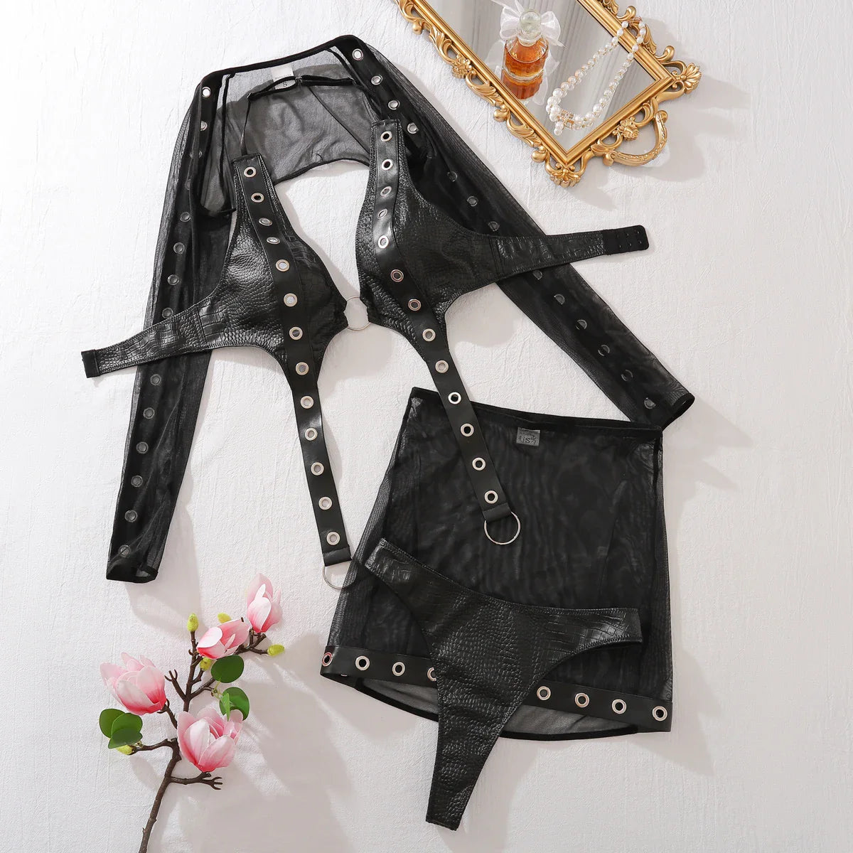 2025 Hottie Bra Set Punk Style Studded Party Club Rave Erotic Lingerie Wrap Skirt four-piece Set