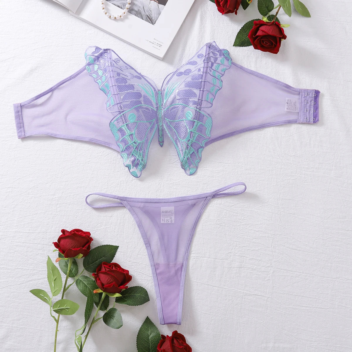 2025 Summer Erotic Sale Butterfly Embroidery Mesh See-through 2-piece Lingeries