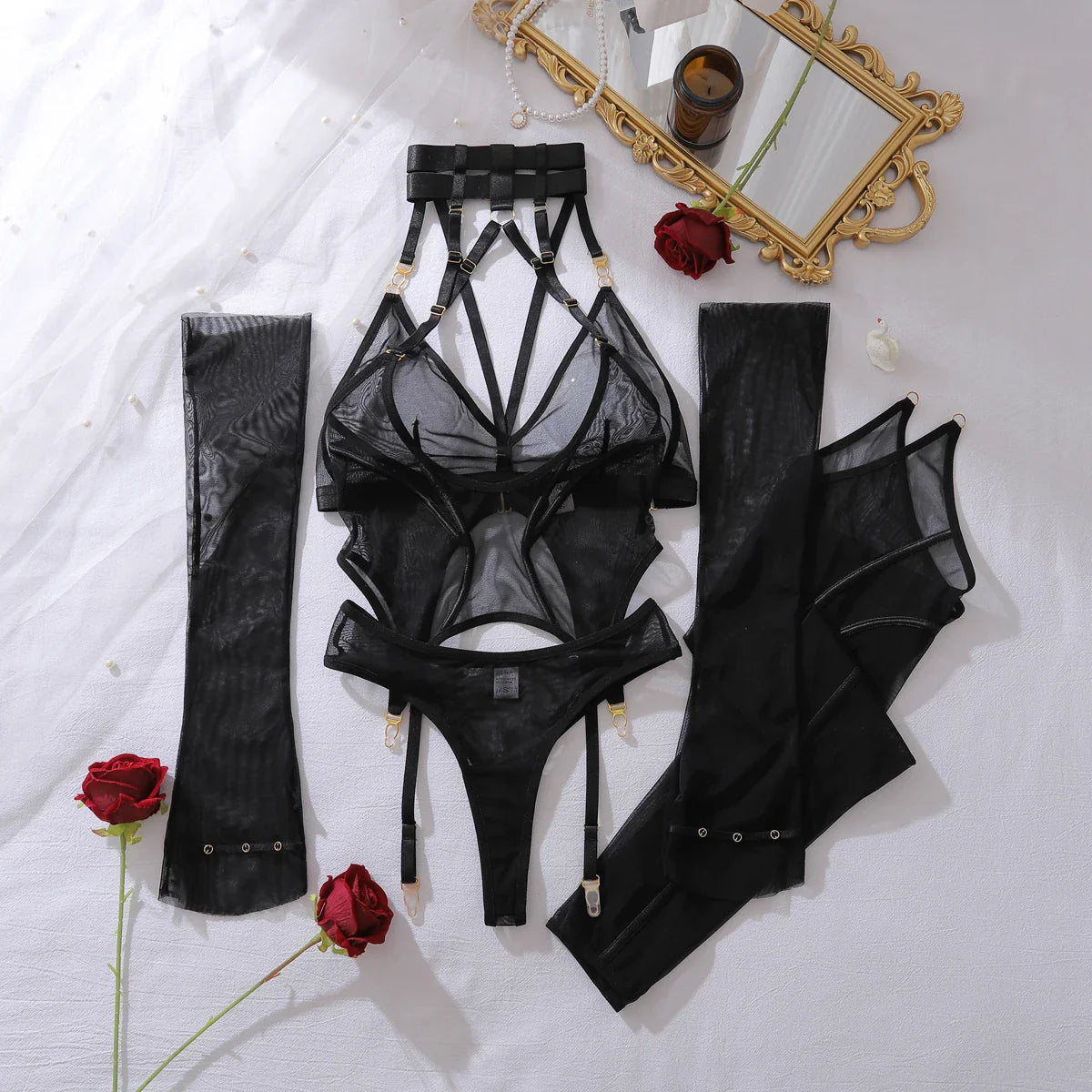 2025 fashionable and comfortable mesh see-through shaping adjustable gathering underwear five-piece set