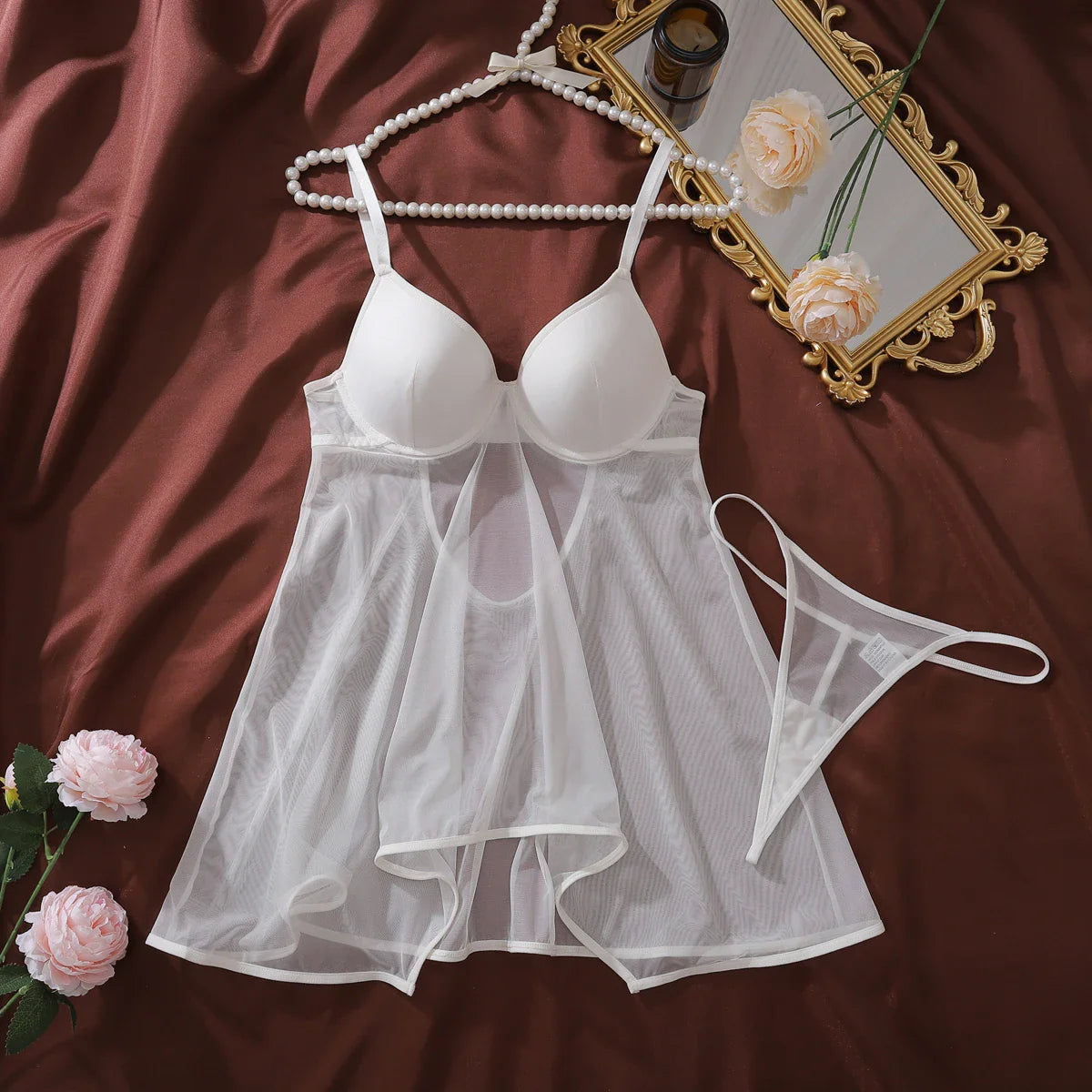 2025 molded cup see-through mesh splicing hollow-out backless one-piece dress body-shaping lingerie set