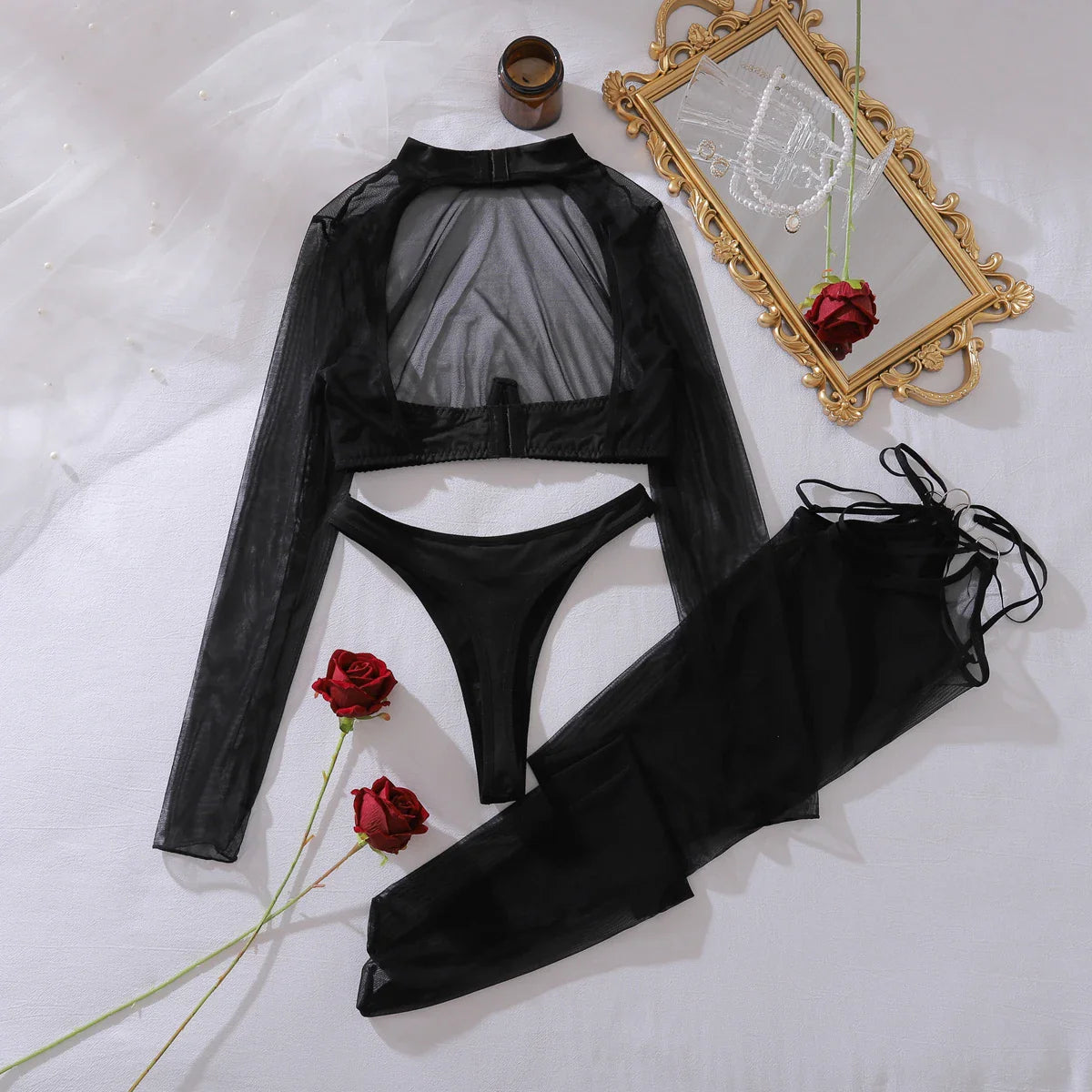 2025 comfortable see through long sleeved sheer shaping and backless lingerie split set with stockings