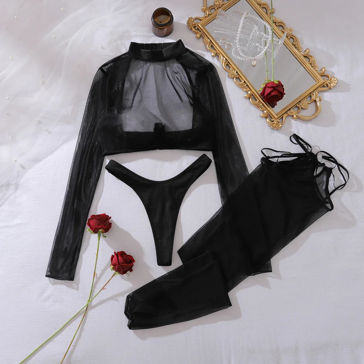 2025 comfortable see through long sleeved sheer shaping and backless lingerie split set with stockings