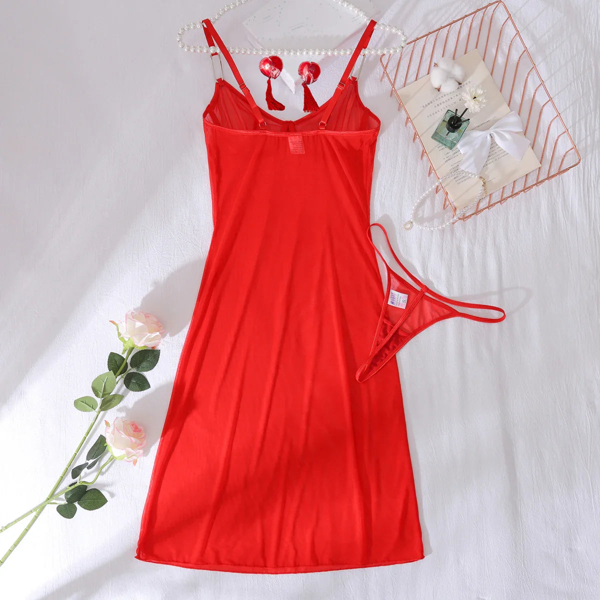 2025 mesh see through red shapewear nightgown with tassel chest patch, two-piece set