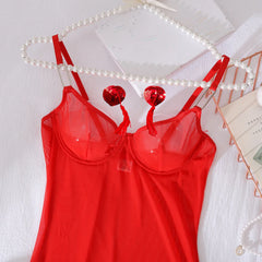 2025 mesh see through red shapewear nightgown with tassel chest patch, two-piece set