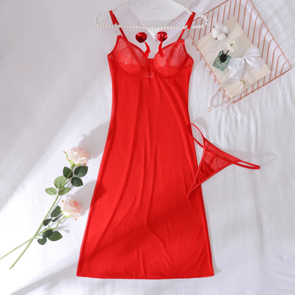 2025 mesh see through red shapewear nightgown with tassel chest patch, two-piece set