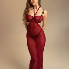 2025 red temperament hanging neck backless thong paired with shapewear fishtail skirt party dress lingerie four piece set