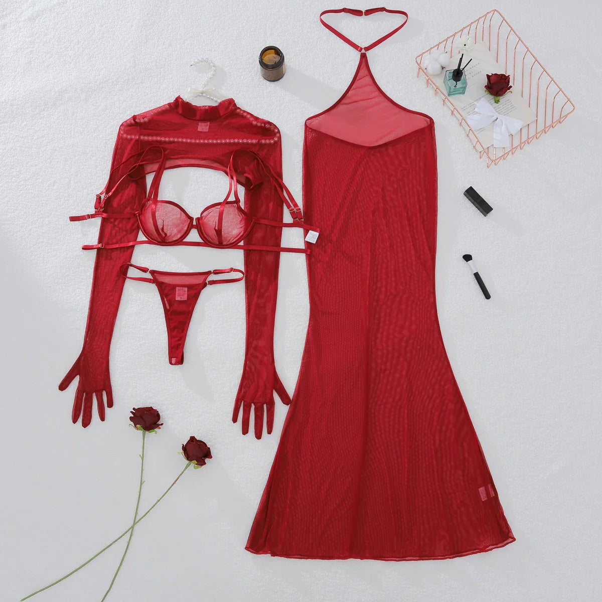 2025 red temperament hanging neck backless thong paired with shapewear fishtail skirt party dress lingerie four piece set