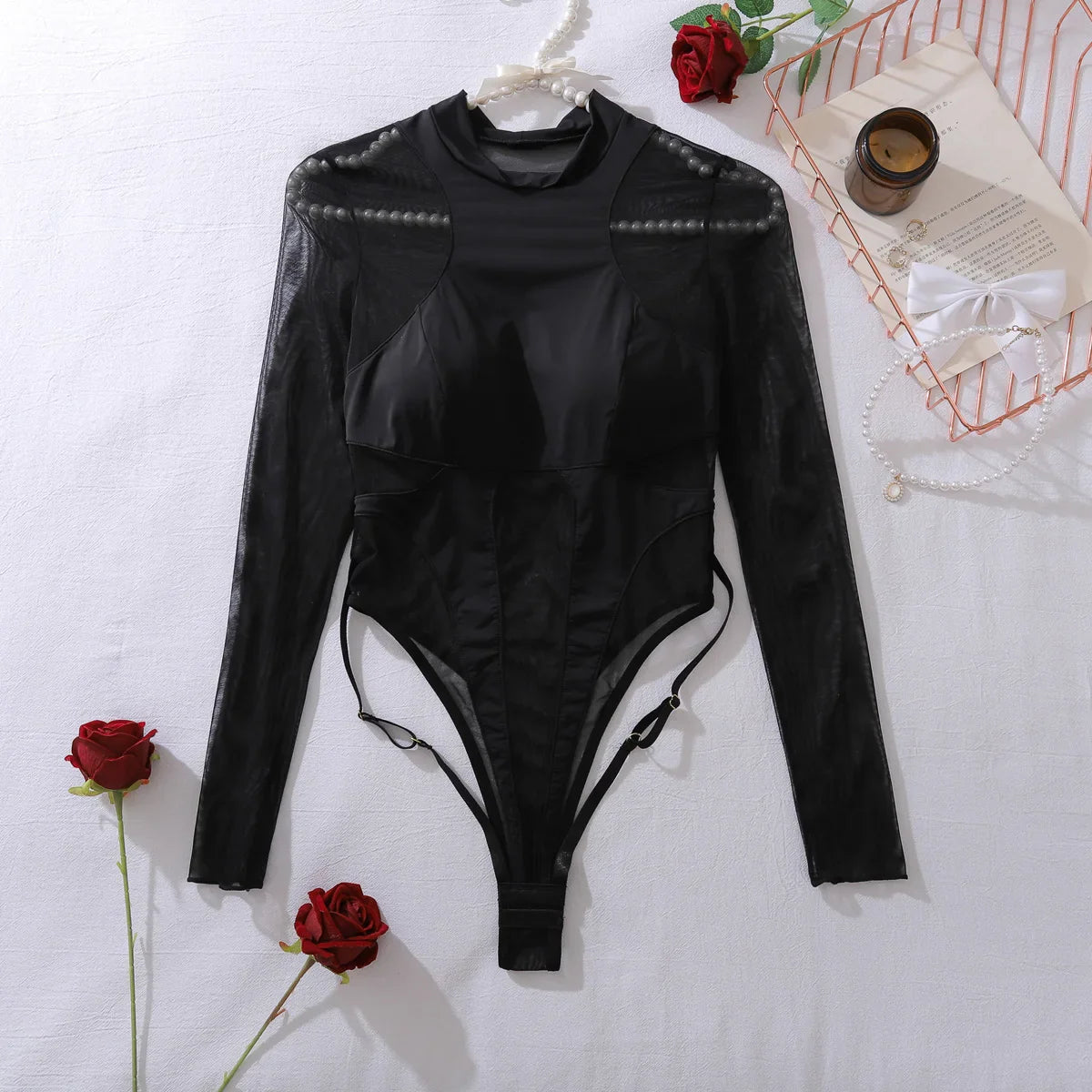2025 ultra-thin mesh see through waist cinching slim fit patchwork jumpsuit looks slim and can be opened crotch