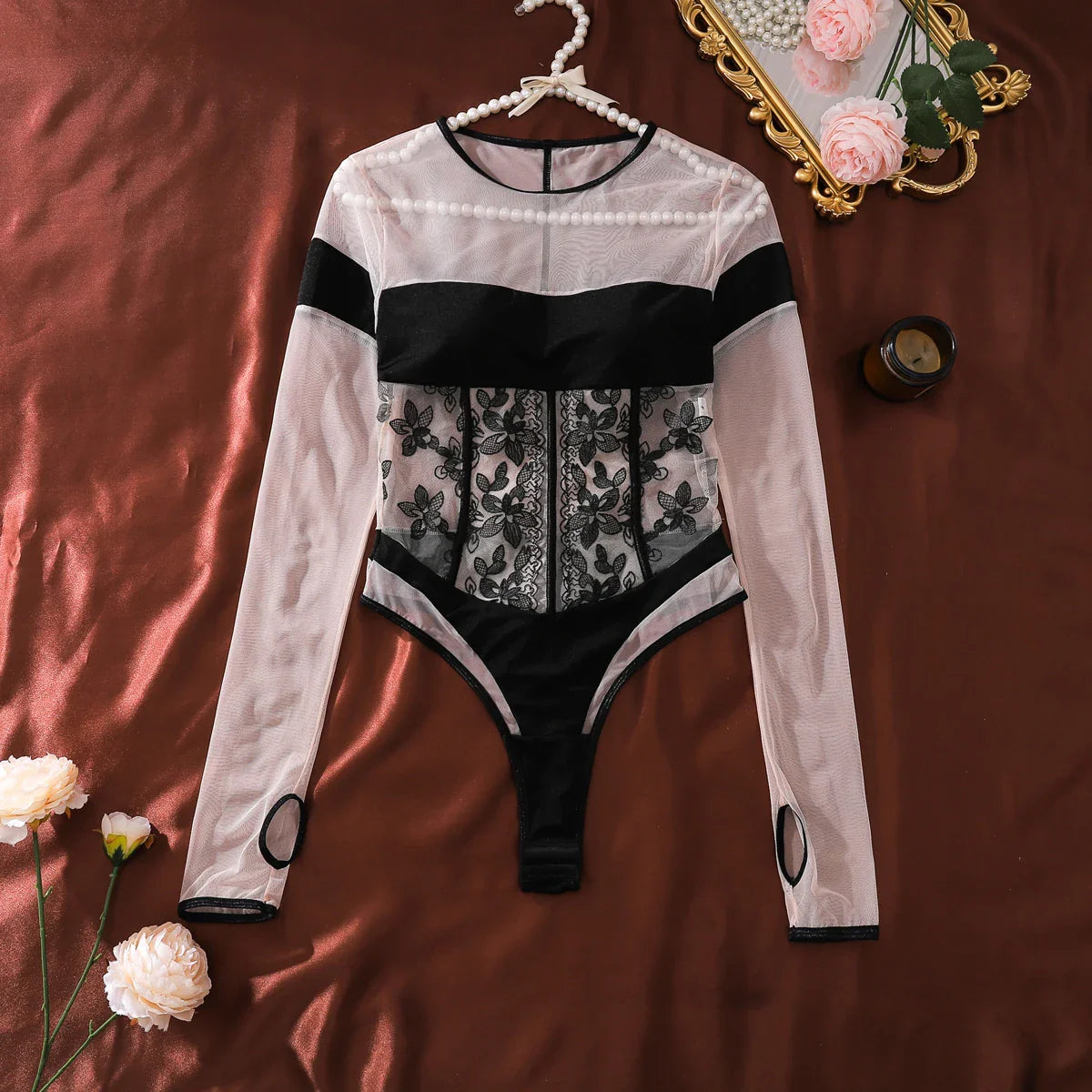 2026 Embroidered Splicing Perspective Mesh Niche Design Can Be Wearing Externally, No Detachment, Look Thin and Shape Up jumpsui