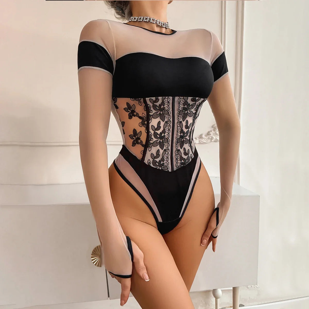 2026 Embroidered Splicing Perspective Mesh Niche Design Can Be Wearing Externally, No Detachment, Look Thin and Shape Up jumpsui