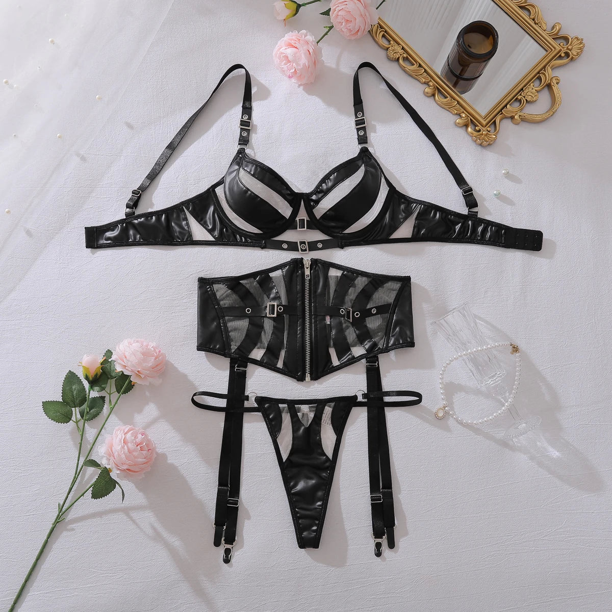 2026 European and American Leather Splicing Spicy Girl Mesh Body Shaping
