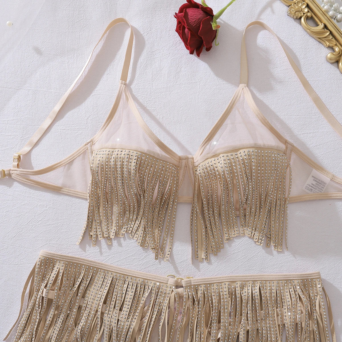2026 European and American Hollow Splicing Perspective Mesh Glitter Tassel Bareback Underwear Two Piece Set