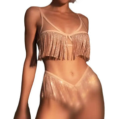 2026 European and American Hollow Splicing Perspective Mesh Glitter Tassel Bareback Underwear Two Piece Set