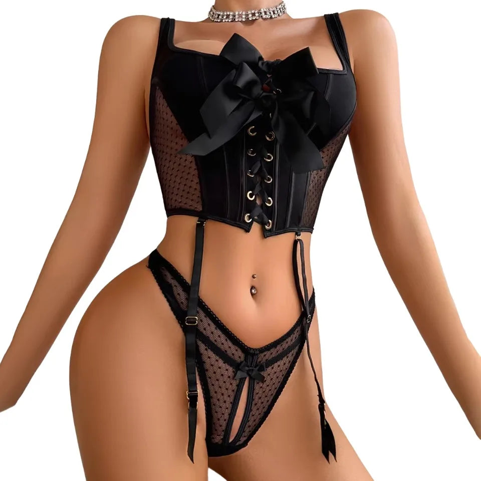 2026 Bow Decoration Splicing Perspective Wave Point Mesh Strap Body Shaping Underwear Split Set