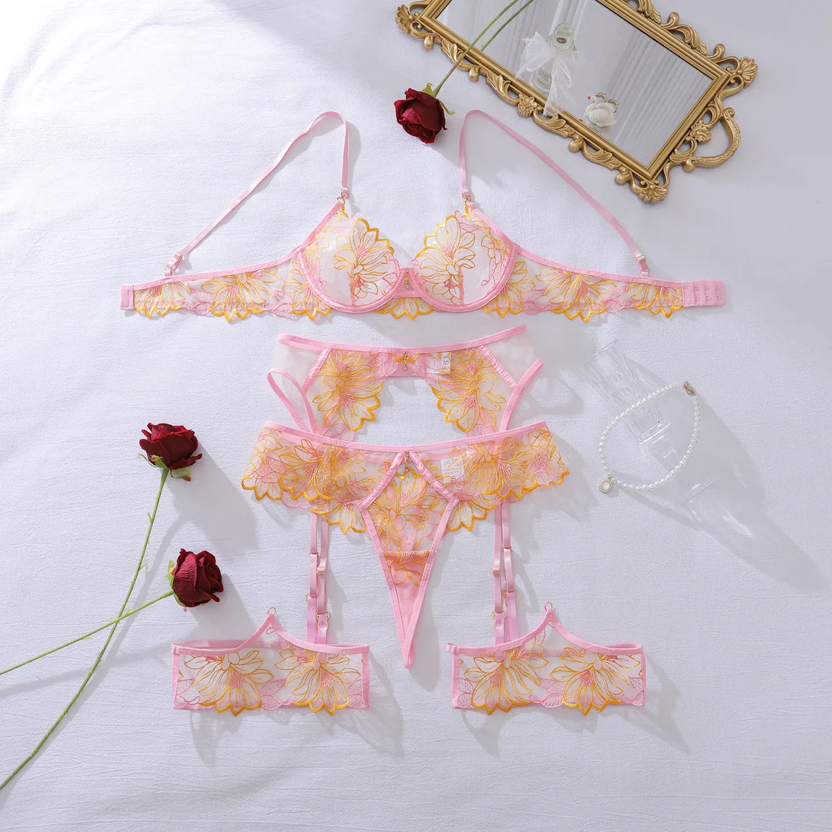 2026 Color Contrasting Flower Small Fresh Embroidered Mesh Body Shaping Underwear Split Four Piece Set