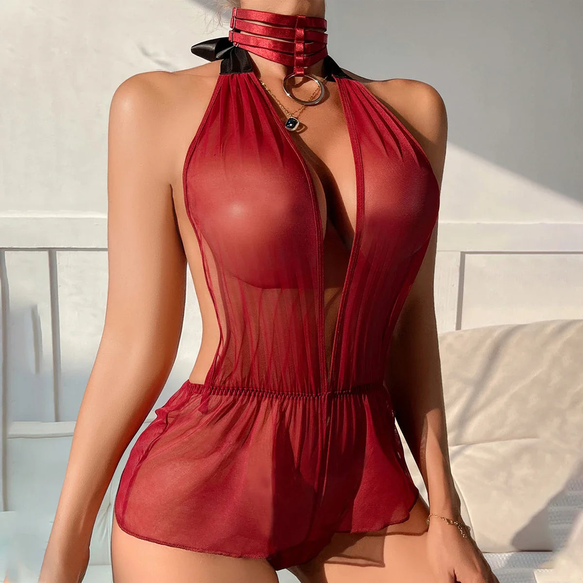 2026 Product Mesh Perspective Hanging Neck Strap Lace Fun jumpsuit