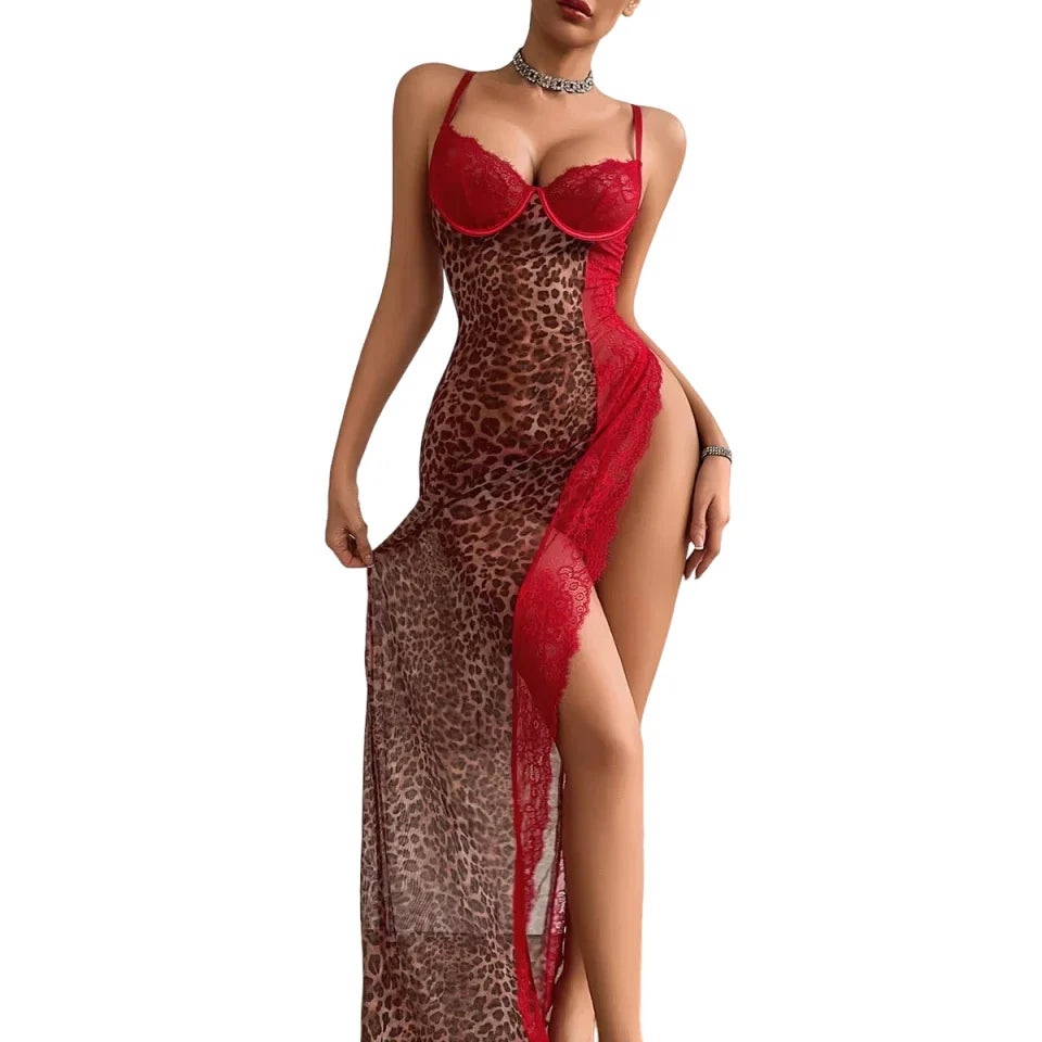 2026 Pure Desire Leopard Pattern Splicing Perspective Lace High Split Slippers Sleeping Skirt and thong Set