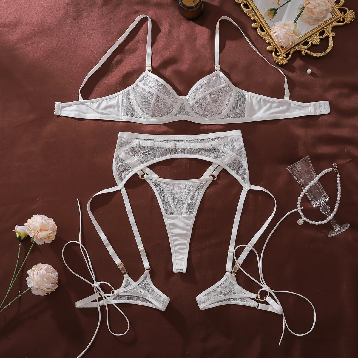 2026 Fashionable and Comfortable Perspective French Lace Body Shaping Thin Underwear Split Three Piece Set