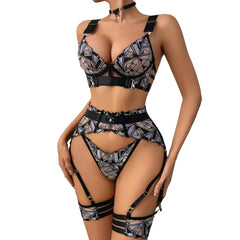 2026 French Embroidered Mesh Design Perspective Splicing Body Shaping Underwear Split Set