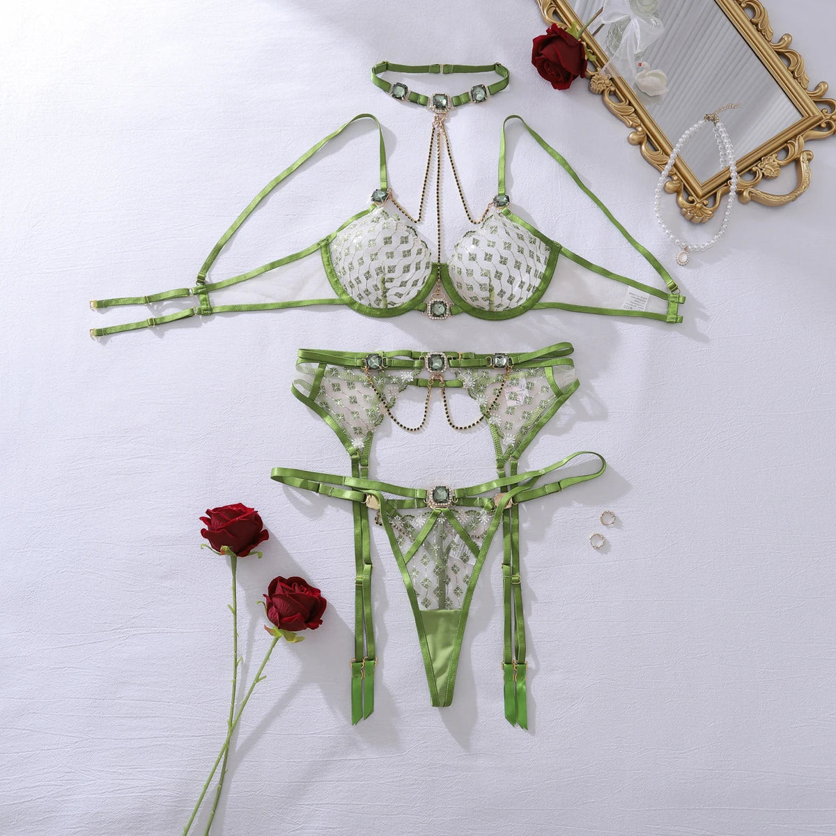 2026 Gemstone Accessories Chain Perspective Embroidery Hollow Body Shaping Underwear Split Three Piece Set