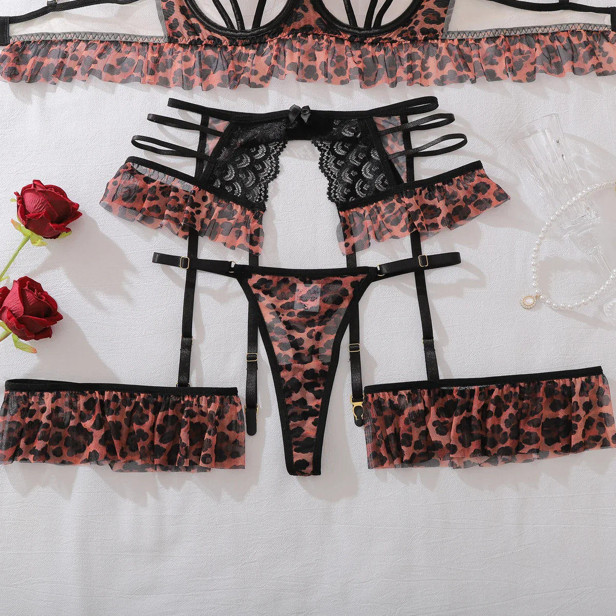 2026 Leopard Pattern Spicy Girl Thin Splicing Lace Lace Mesh Transparent Hollow Body Shaping Four Piece Set