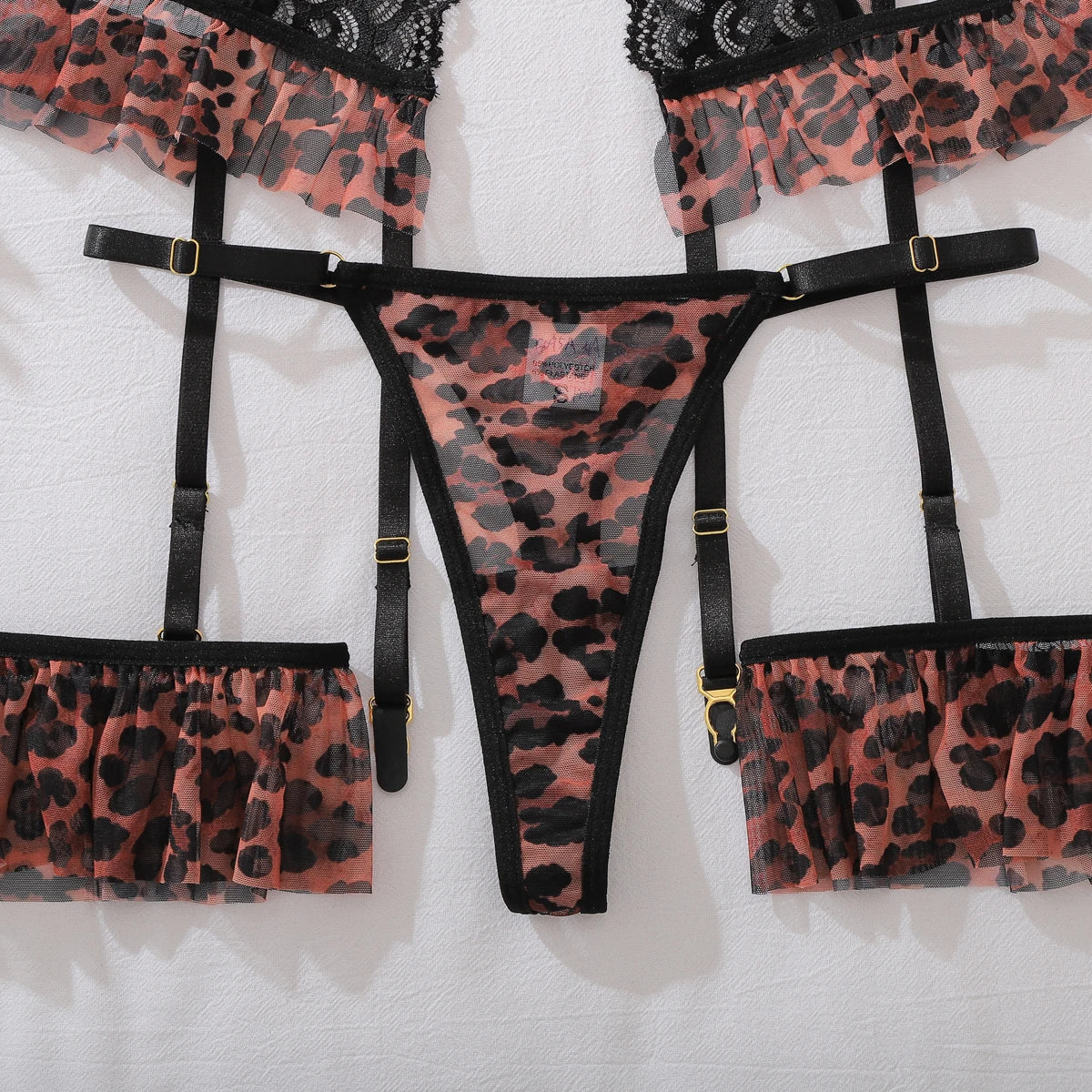 2026 Leopard Pattern Spicy Girl Thin Splicing Lace Lace Mesh Transparent Hollow Body Shaping Four Piece Set