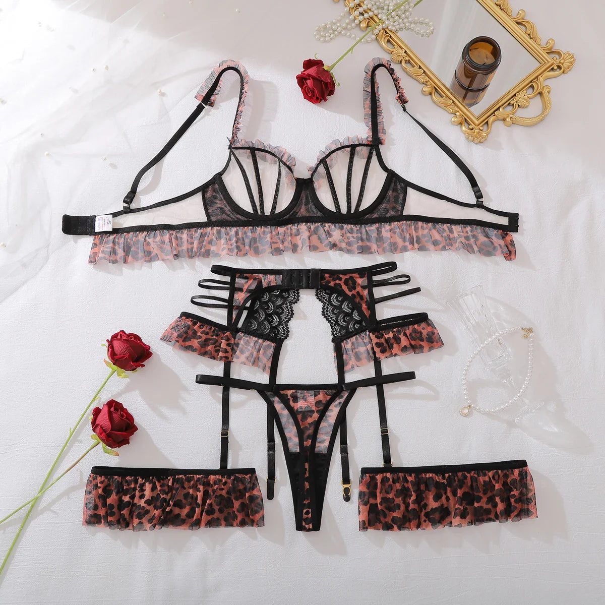 2026 Leopard Pattern Spicy Girl Thin Splicing Lace Lace Mesh Transparent Hollow Body Shaping Four Piece Set
