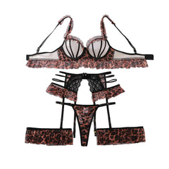 2026 Leopard Pattern Spicy Girl Thin Splicing Lace Lace Mesh Transparent Hollow Body Shaping Four Piece Set