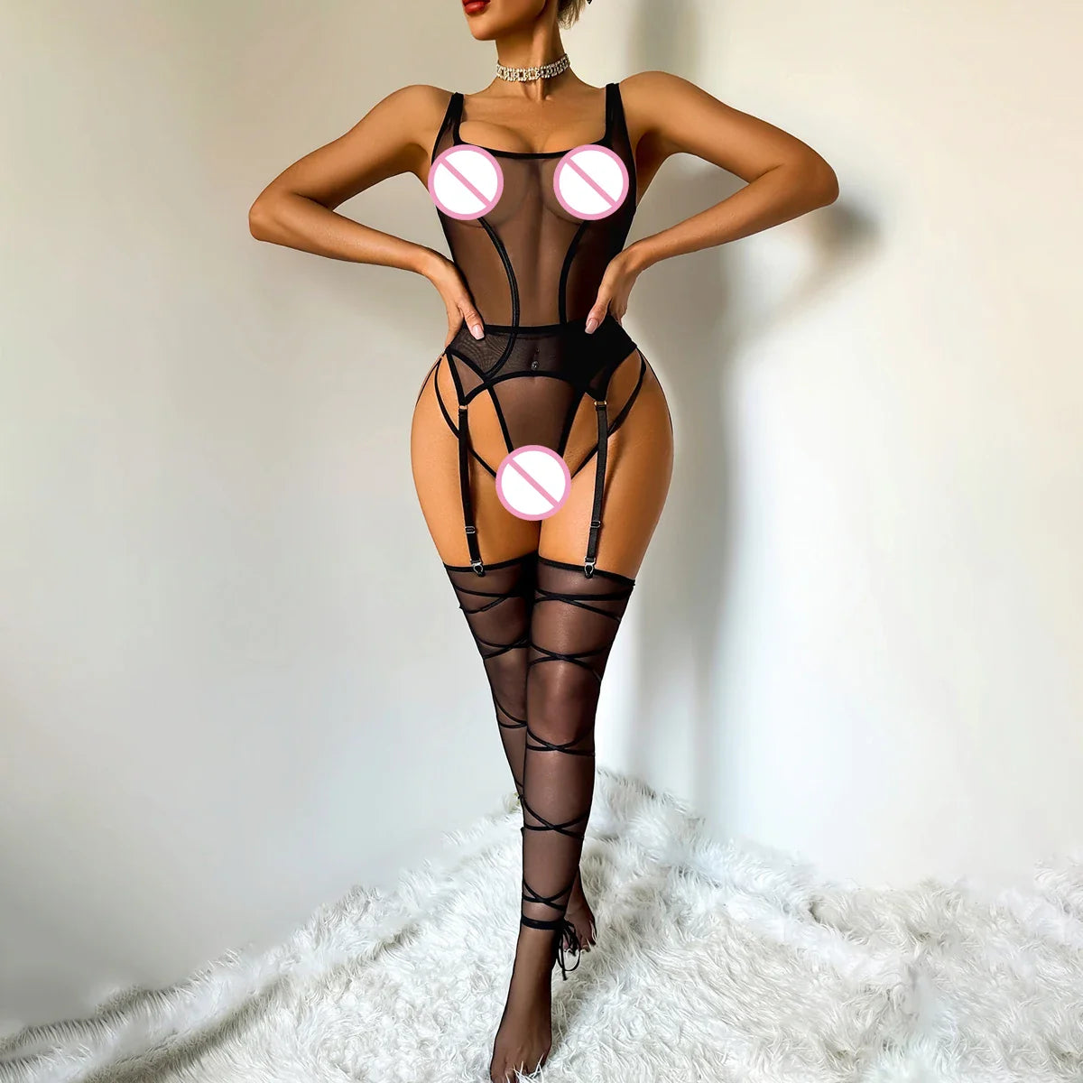 2026 High Quality Lightweight Perspective Mesh Splicing Strap Hanging Socks Body Shaping Split Set