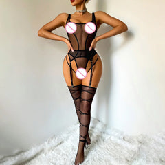 2026 High Quality Lightweight Perspective Mesh Splicing Strap Hanging Socks Body Shaping Split Set