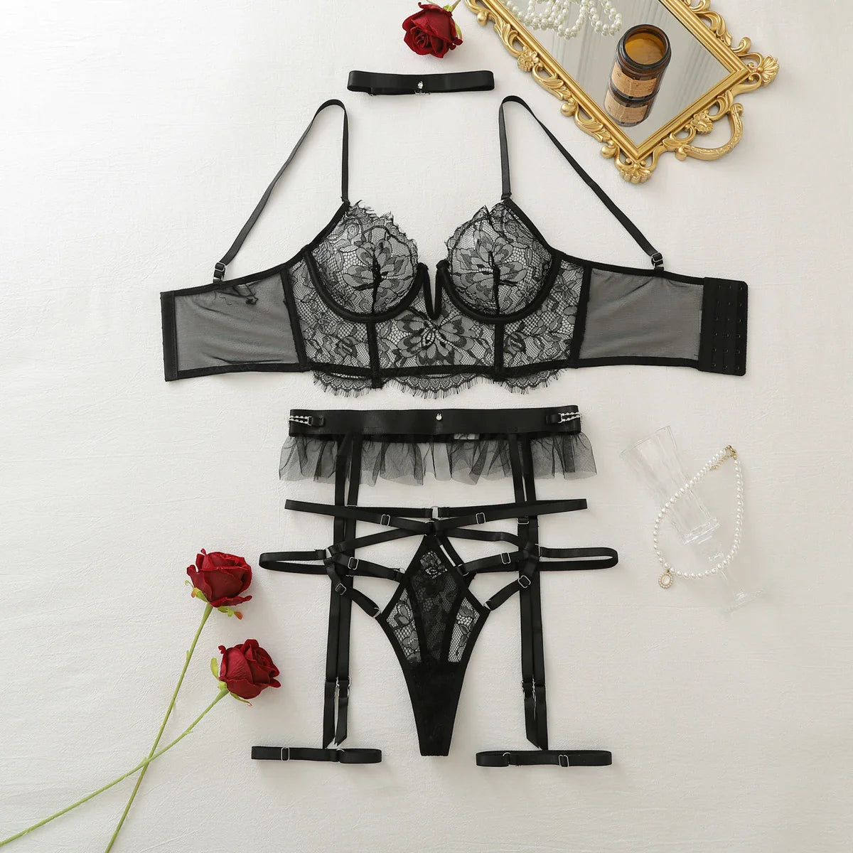 2026 Queen Low cut V-neck Perspective Lace Lace Lace with Mesh Body Shaping Underwear Split Set