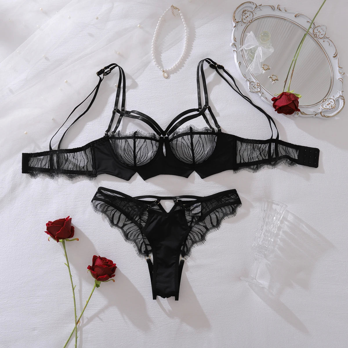 2026 Style U-Shape Perspective Eyelash Embroidery Hollow-out Body-Shaping Two-Shoulder Strap Bra Split Set