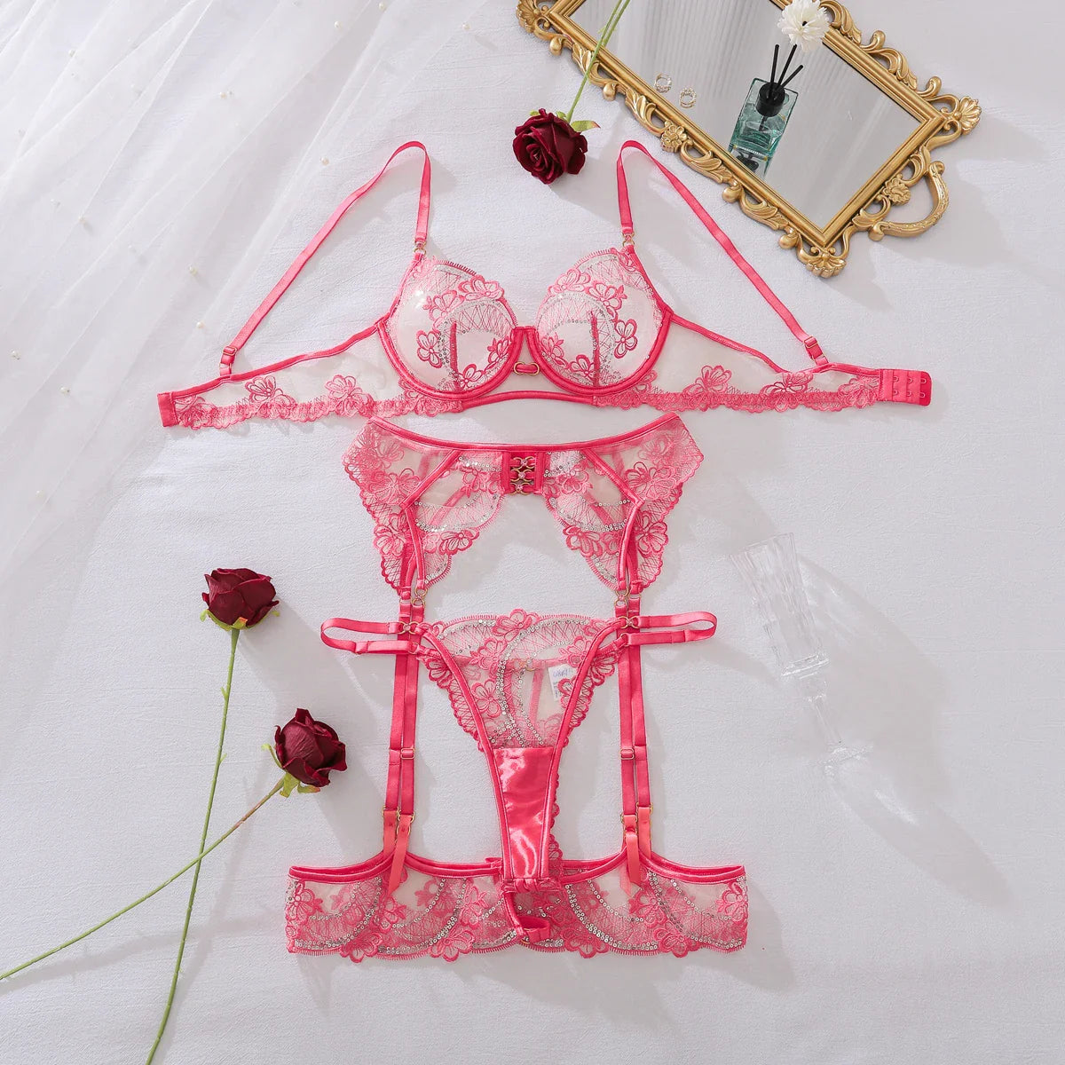 2026 Perspective Body Shaping Embroidery Lace Lace Body Shaping Noble Underwear Split Set Four Piece Set