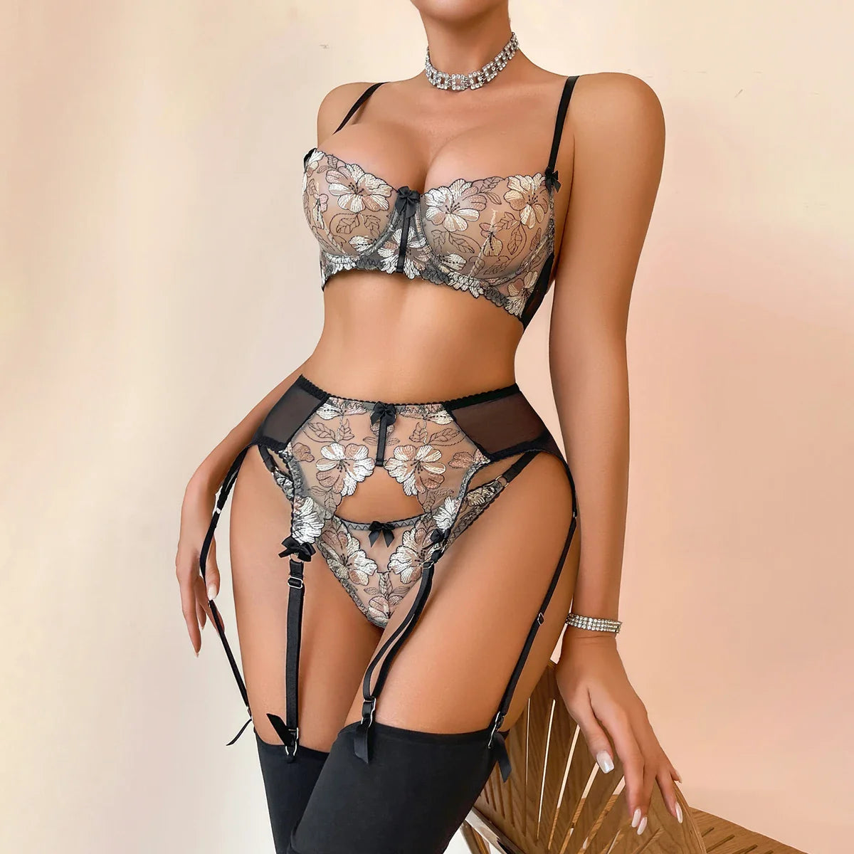 2026 Pure Color Contrast Perspective Embroidery Bow Accessories Splicing Mesh Body Shaping Underwear Split Set