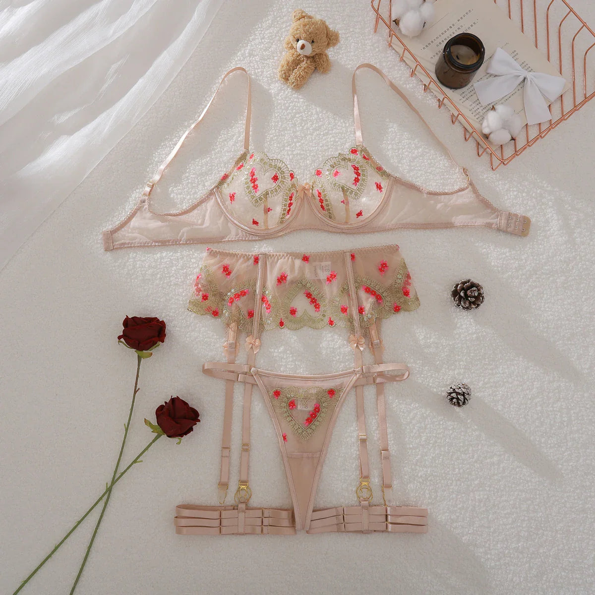 2026 Pure Desire Pink and Tender Flower Love Perspective Fun Underwear Embroidery Body Shaping Underwear Four Piece Set