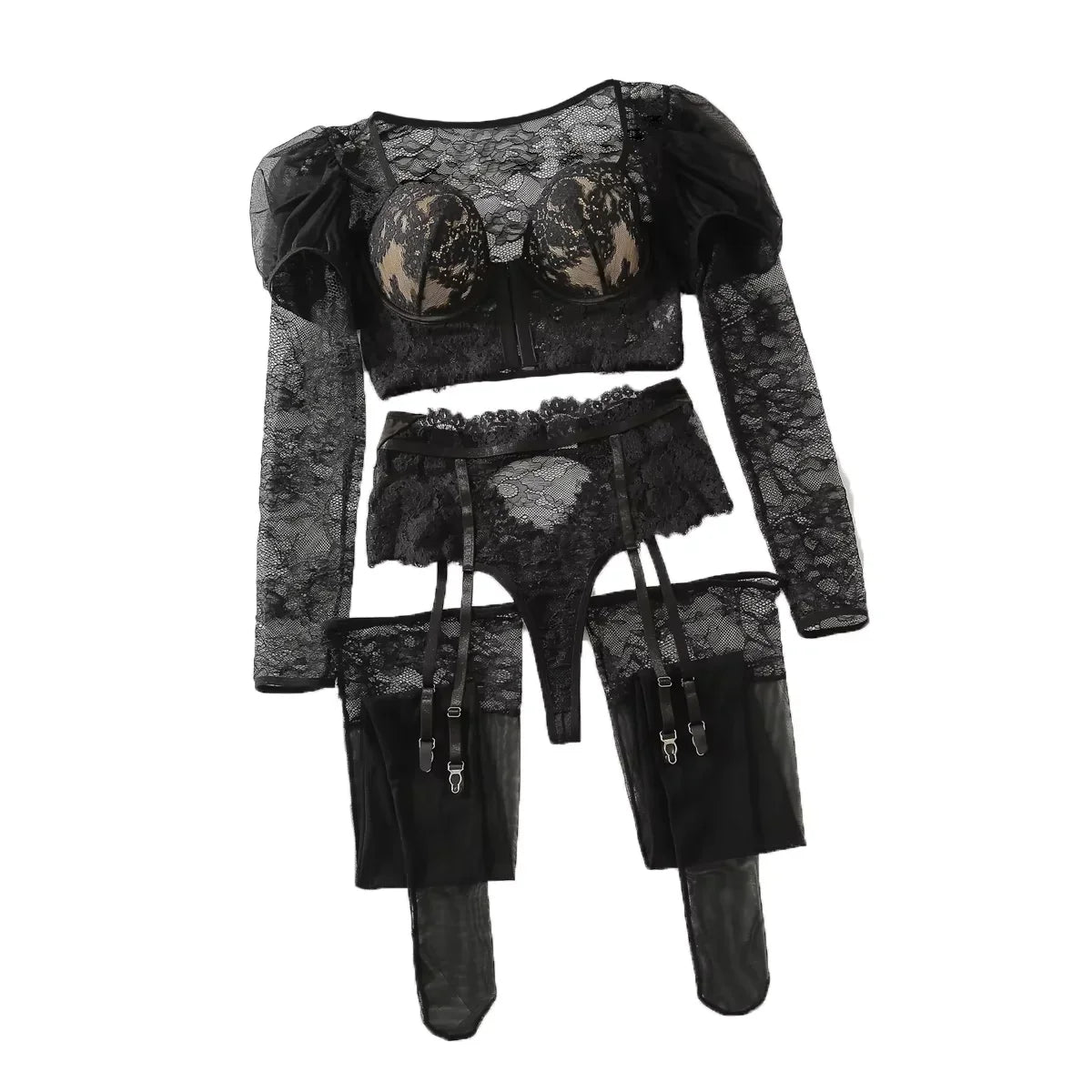 2026 Perspective Lace Slimming Long Sleeve Catching Pair with Hanging Socks Underwear Split Set