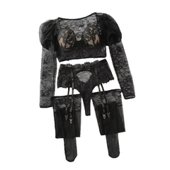2026 Perspective Lace Slimming Long Sleeve Catching Pair with Hanging Socks Underwear Split Set
