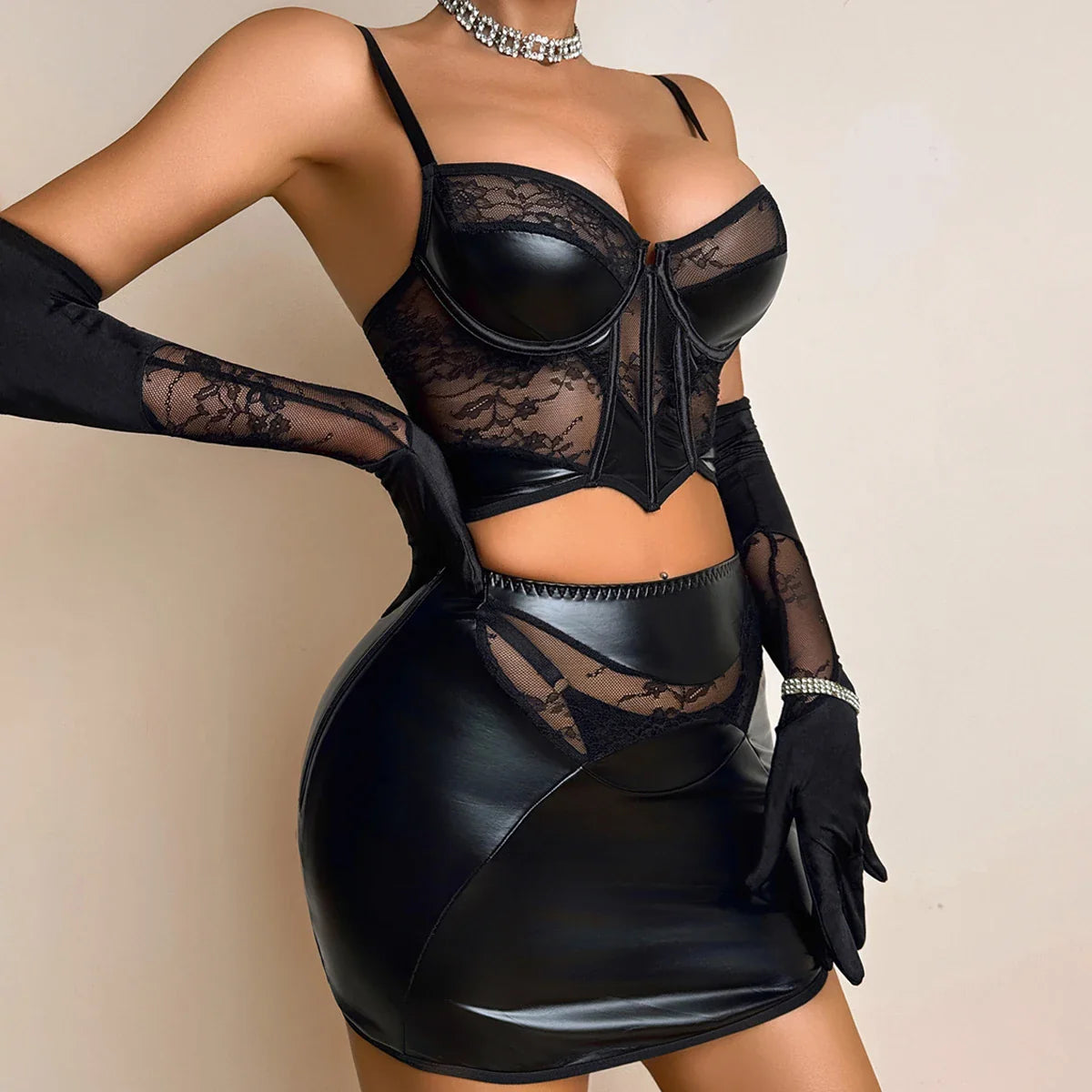 2026 Spicy Girl Lace Splicing PU Leather Fishbone Can be Wearing Externally, Slimming Half Skirt Set with Gloves