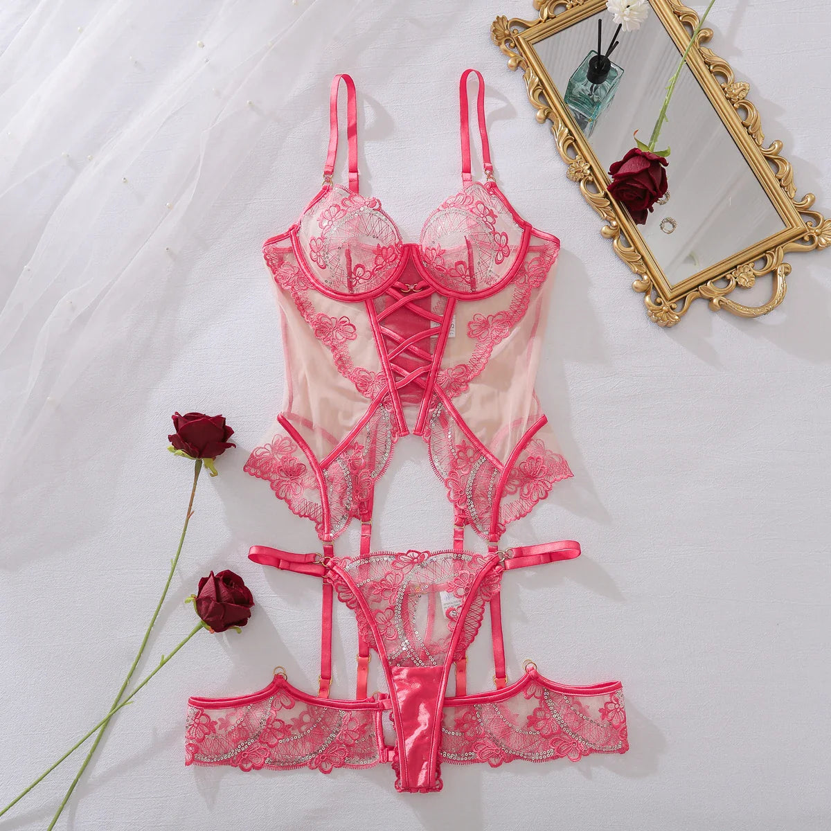 2026 item see through lace hollow out backless jumpsuit slim fit lingerie split three piece set