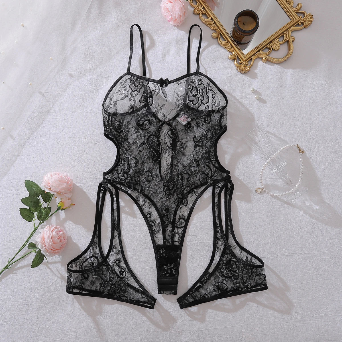 2026 girl bow decoration lace perspective hollow out backless tight fitting and non removable suspender jumpsuit