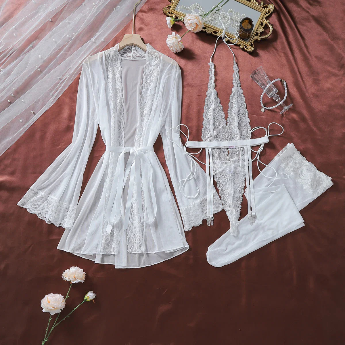 2026 light temperament pure desire hollow out strap jumpsuit splicing perspective lace pure desire lazy nightgown set