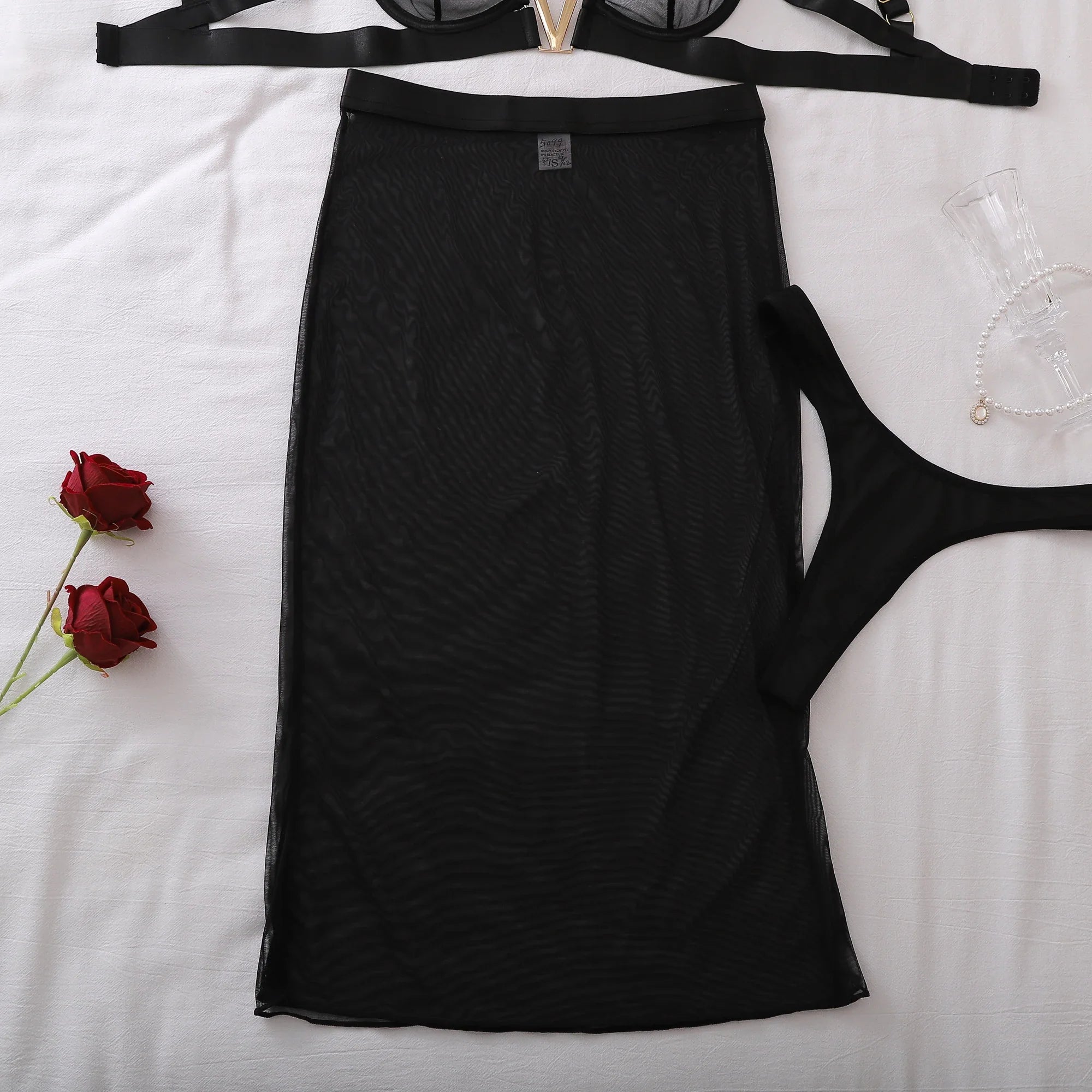 2026 low cut V-neck metal buckle product temperament perspective sheer shaping lingerie long skirt three piece set