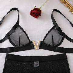 2026 low cut V-neck metal buckle product temperament perspective sheer shaping lingerie long skirt three piece set