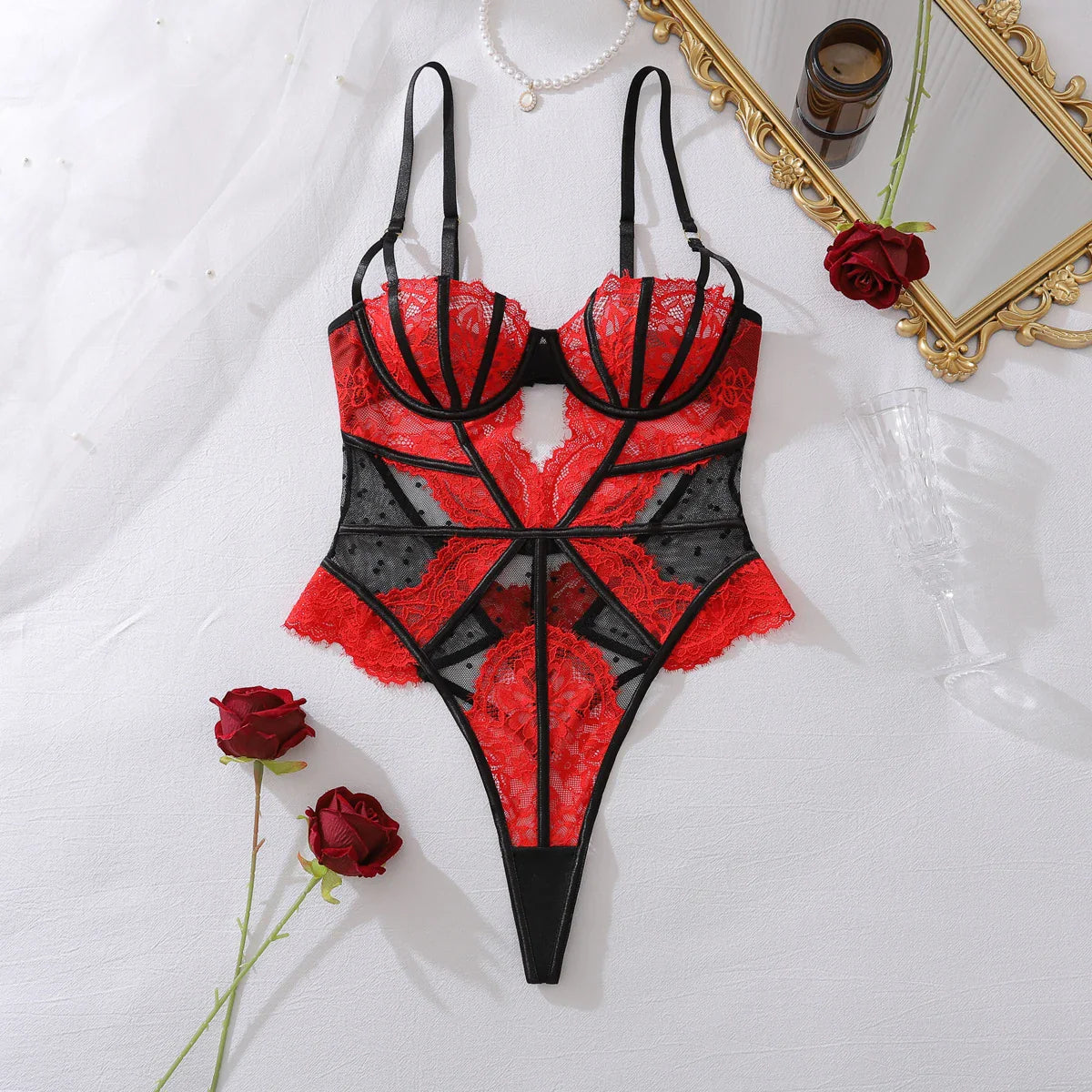 2026 popular exquisite contrasting hollow out polka dot mesh splicing lace lace suspender jumpsuit