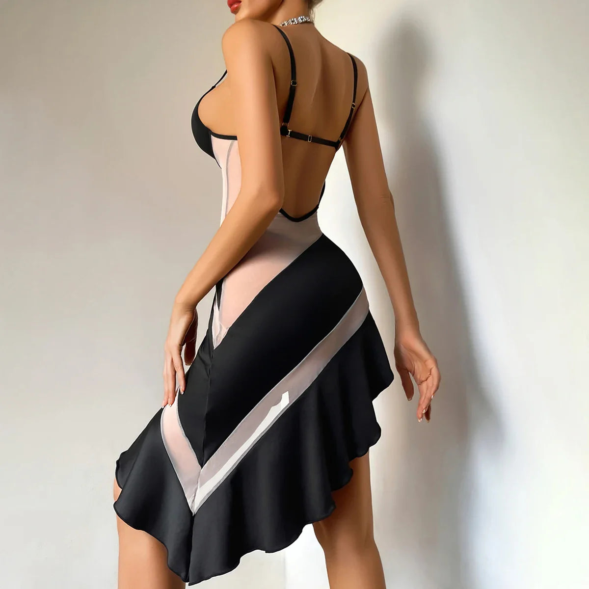 2026V collar sling contrasting color perspective slim mesh dress with