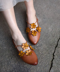Brown Flat Shoes For Cowhide Leather Splicing Floral Pointed Toe