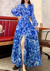 French Blue V Neck Print Flattering Maxi Dress Spring